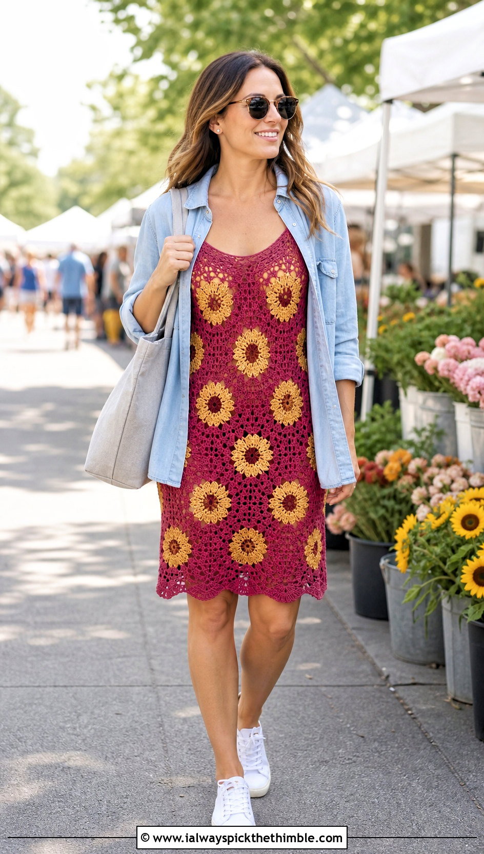 Crochet Sunflower Sundress With Canvas Sneakers - 25 crochet sunflower dress outfit ideas