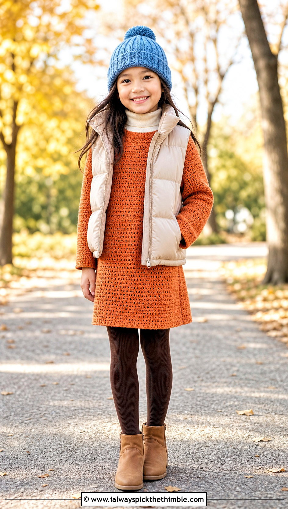 Crochet Sweater Dress With Puffer Vest And Boots - 15 Crochet Childs Dress outfit ideas