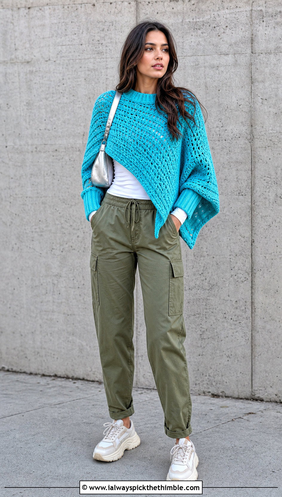 Crochet Sweater Poncho With Cargo Pants - 20 Easy Simple Crochet Poncho outfit ideas