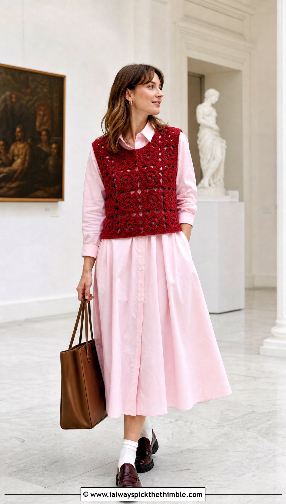 Crochet Sweater Vest Over A Poplin Shirt Dress - 20 crochet key sweater outfit ideas