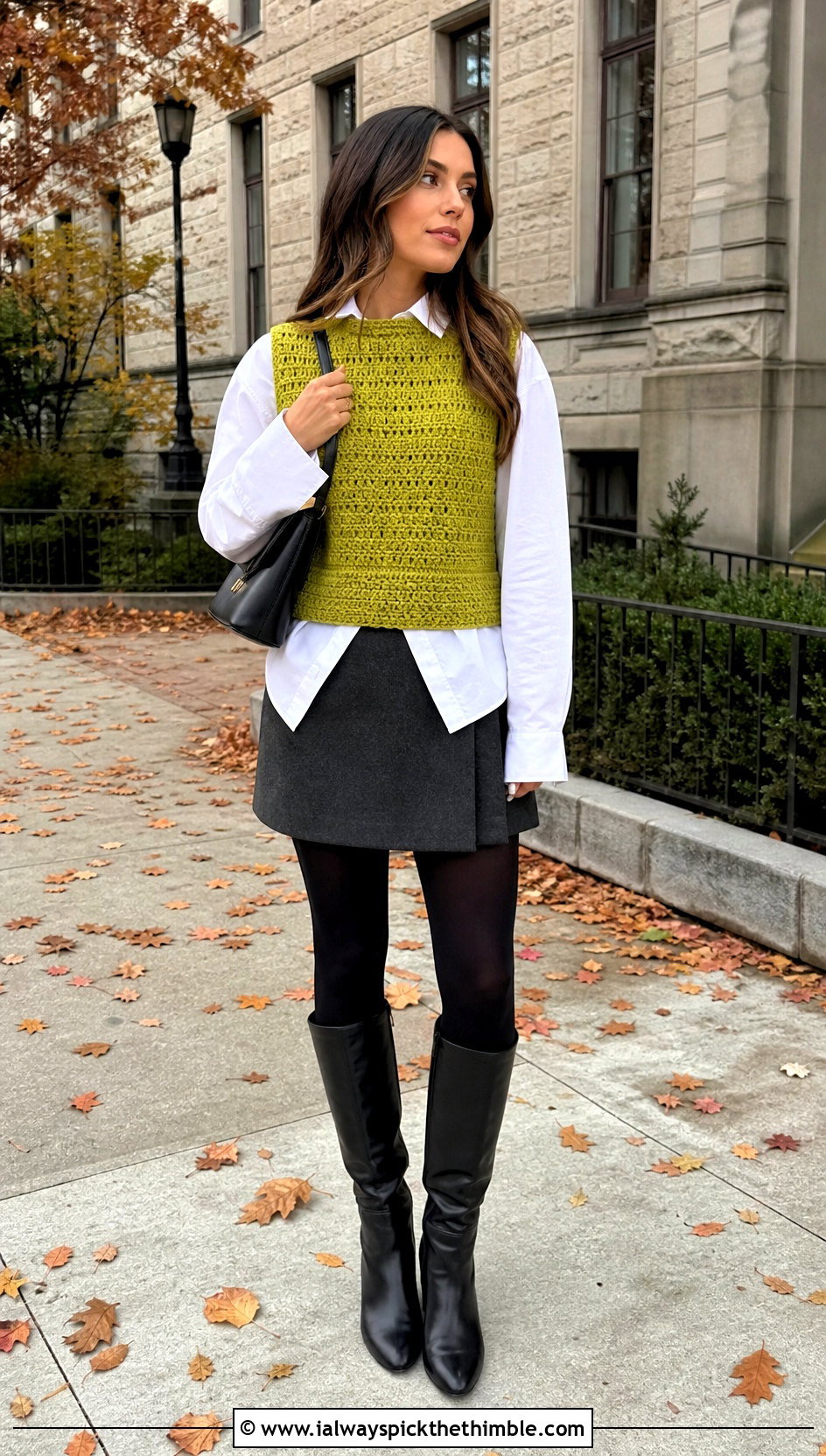 Crochet Sweater Vest Top With Poplin Shirt And Mini Skirt - 15 cool crochet top outfit ideas