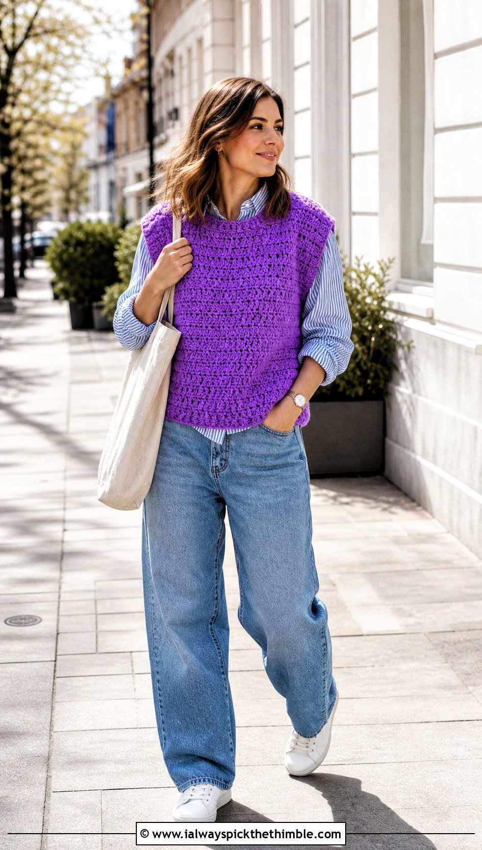 Crochet Sweater Vest With A Striped Shirt And Jeans - 20 Crochet Top Layering Outfit ideas