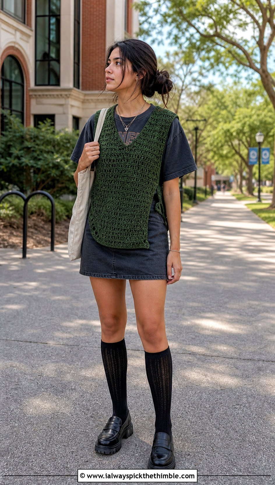 Crochet Sweater Vest With Band Tee And Mini Skirt - 25 grunge crochet top outfit ideas
