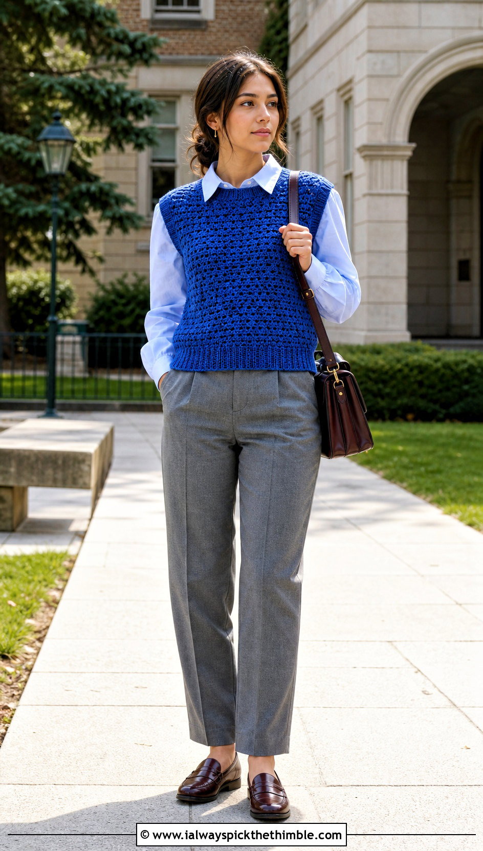 Crochet Sweater Vest With Button Down Shirt - 25 crocheted tops outfit ideas