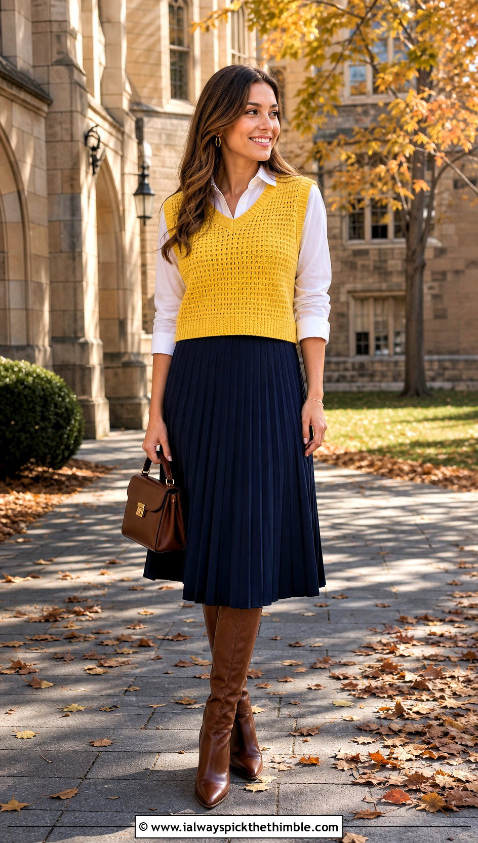 Crochet Sweater Vest With Button Down Shirt And Midi Skirt - 20 Fall Crochet Clothes Ideas