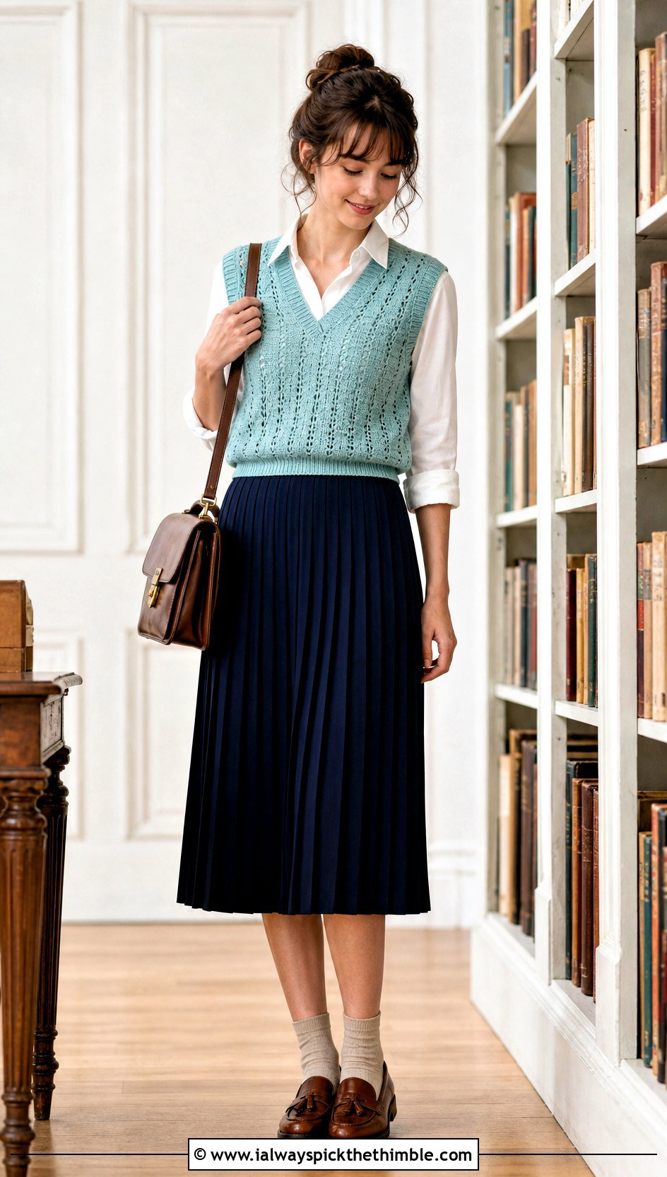 Crochet Sweater Vest With Button Down Shirt And Pleated Skirt - 20 vintage crochet tops outfit ideas