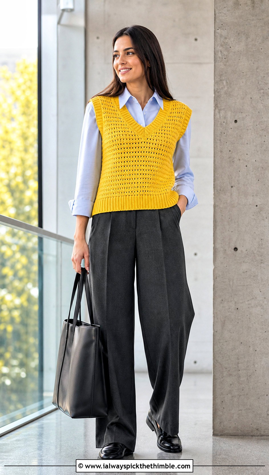 Crochet Sweater Vest With Button Down Shirt And Trousers - 20 Autumn Crochet Outfit ideas
