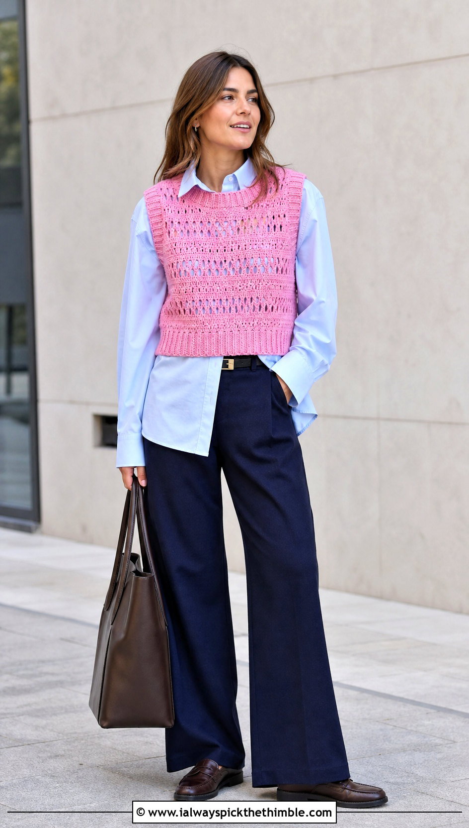 Crochet Sweater Vest With Button Down Shirt And Trousers - 20 Crochet Tops For Fall outfit ideas