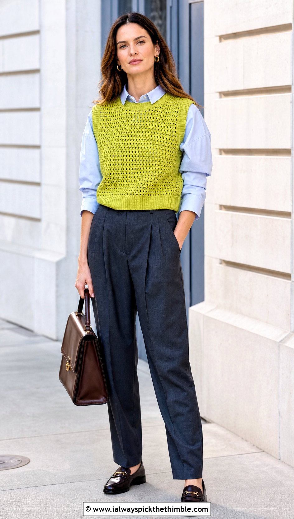 Crochet Sweater Vest With Button Down Shirt And Trousers - 20 fall crochet sweaters outfit ideas