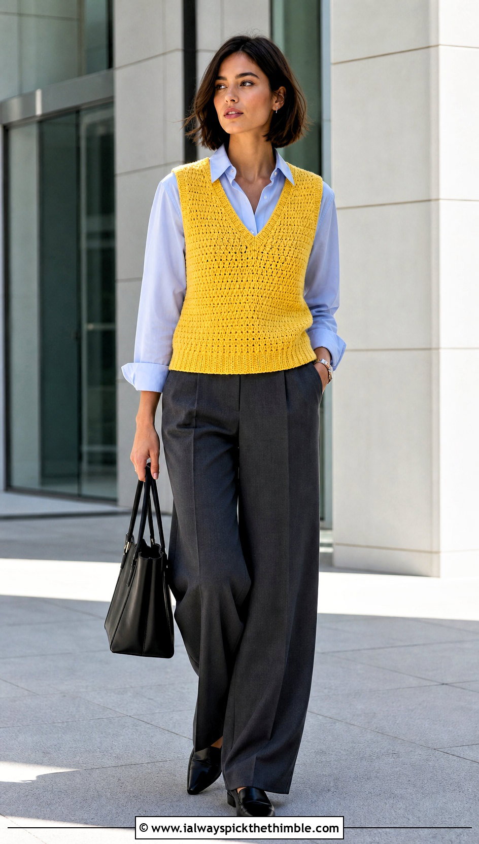Crochet Sweater Vest With Button Down Shirt And Trousers - 25 fall crochet clothes and outfit ideas