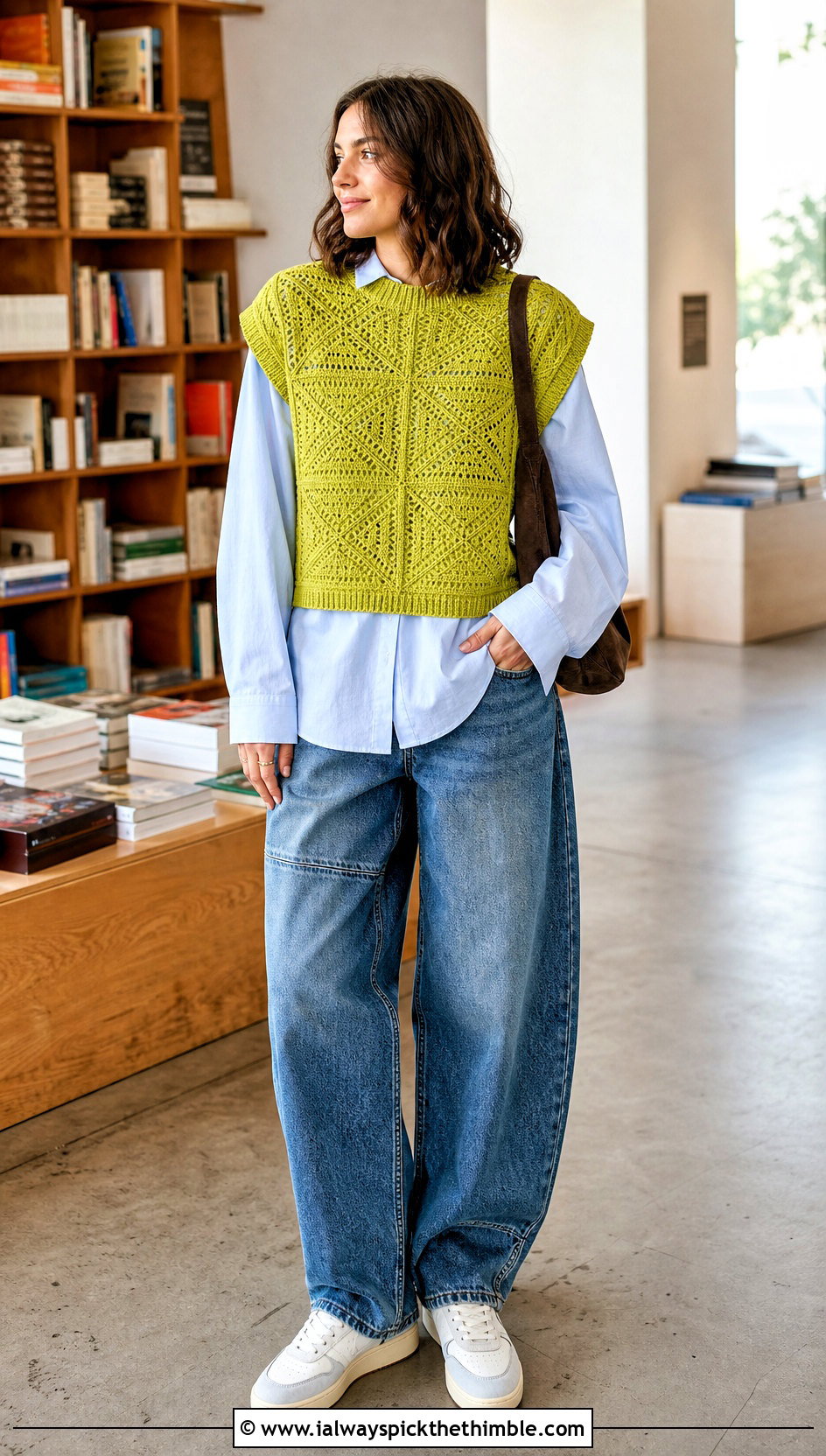 Crochet Sweater Vest With Oversized Shirt And Jeans - 15 Sweaters To Crochet For Women outfit ideas
