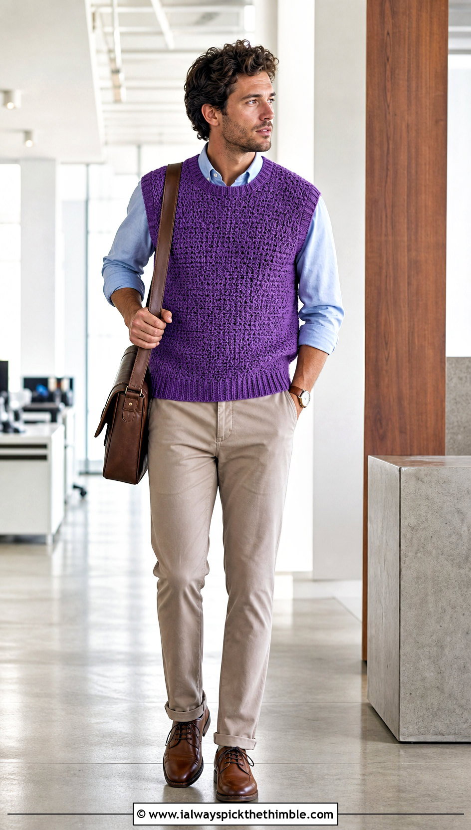 Crochet Sweater Vest With Oxford Shirt And Chinos - 20 Crochet Men Clothing and outfit ideas