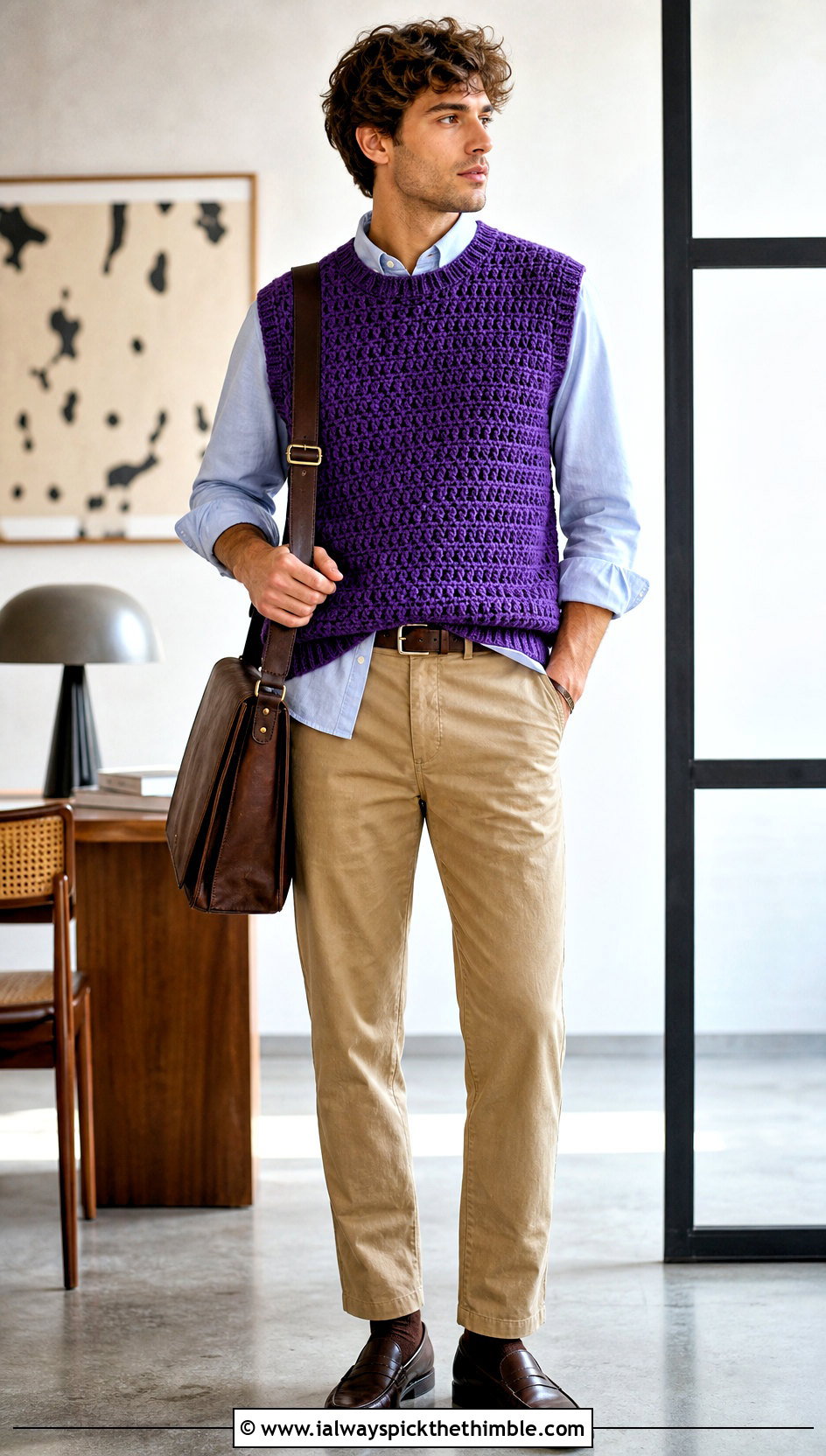 Crochet Sweater Vest With Oxford Shirt And Chinos - 20 men crochet top outfit ideas
