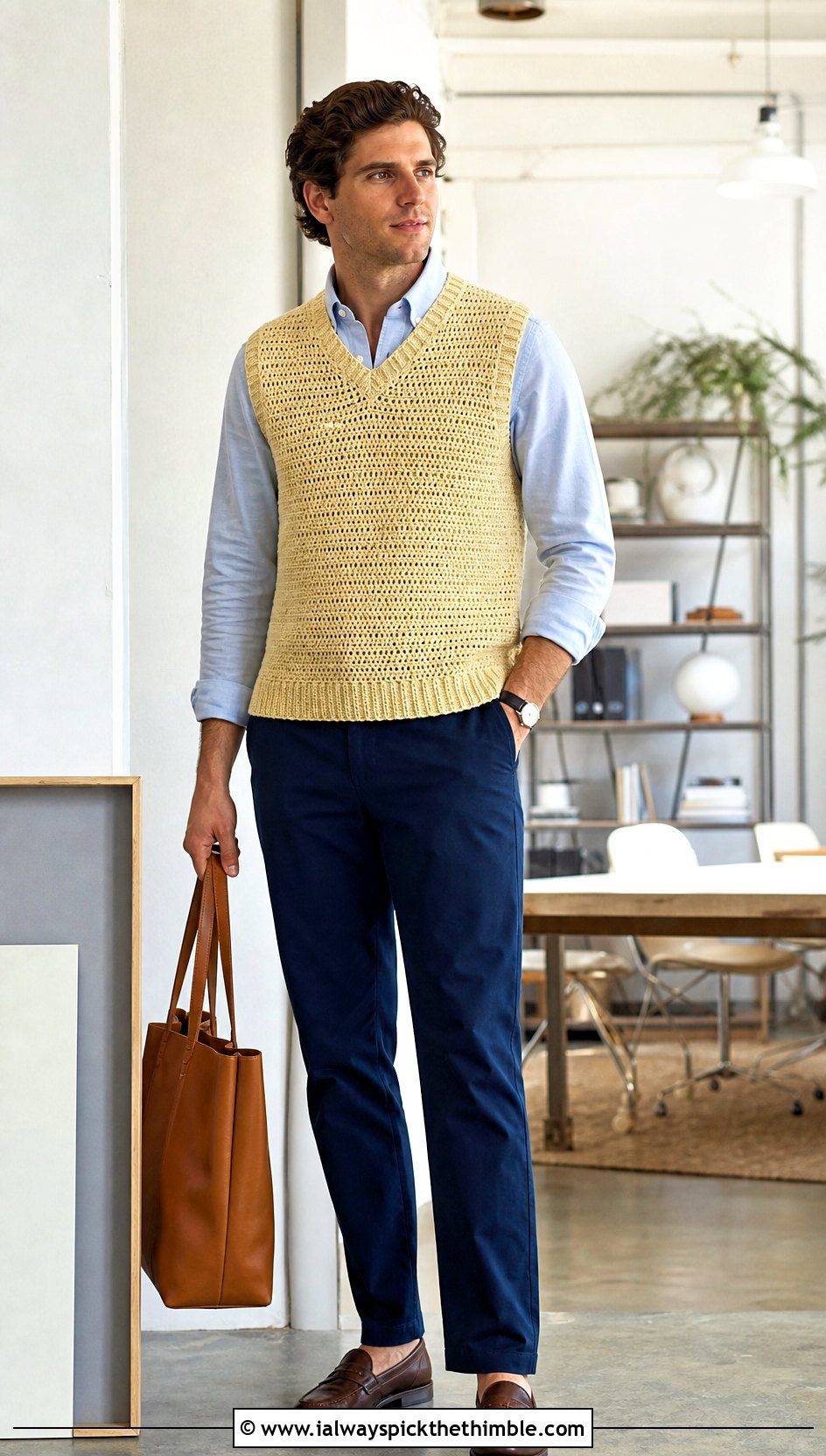 Crochet Sweater Vest With Oxford Shirt And Chinos - 25 crochet mens clothes and outfit ideas