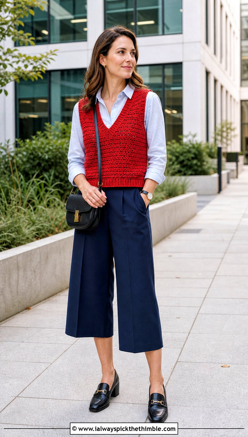 Crochet Sweater Vest With Oxford Shirt And Culottes - 20 Crochet Professional Clothes and outfit ideas