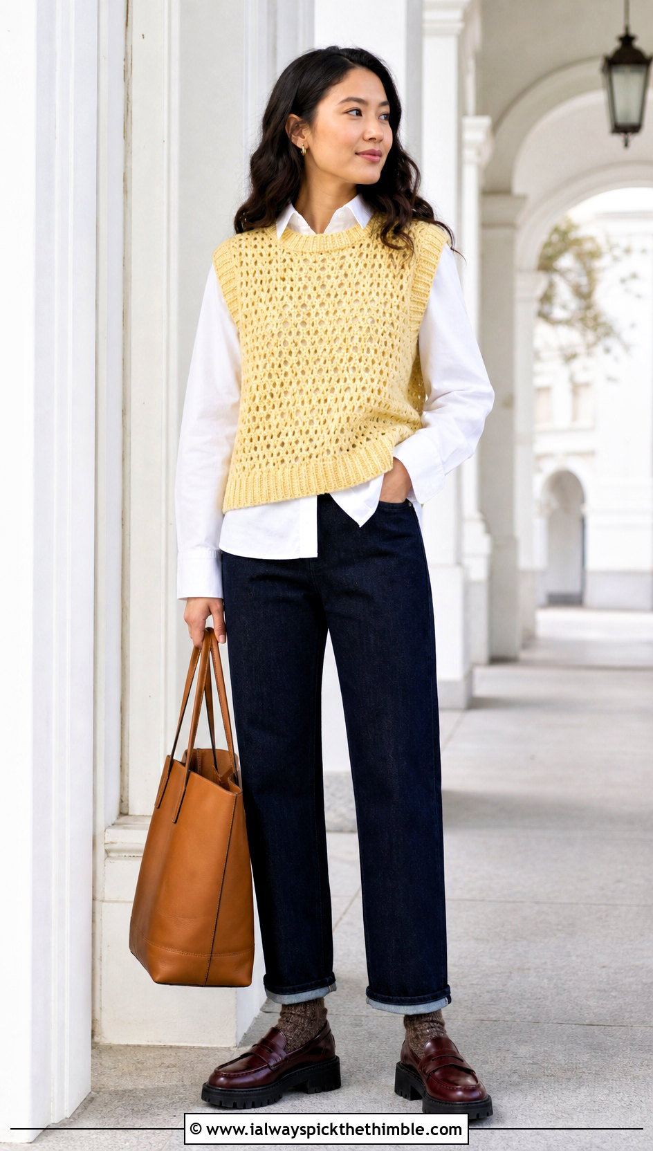Crochet Sweater Vest With Oxford Shirt And Jeans - 20 Winter Crochet Clothes and outfit ideas