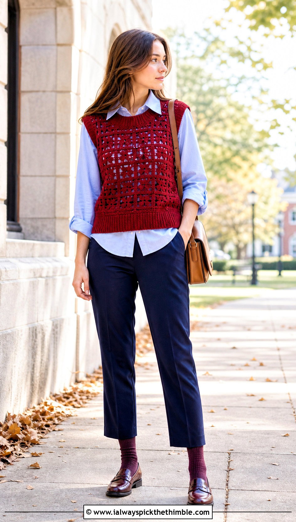 Crochet Sweater Vest With Oxford Shirt And Loafers - 25 crochet fall clothes and outfit ideas