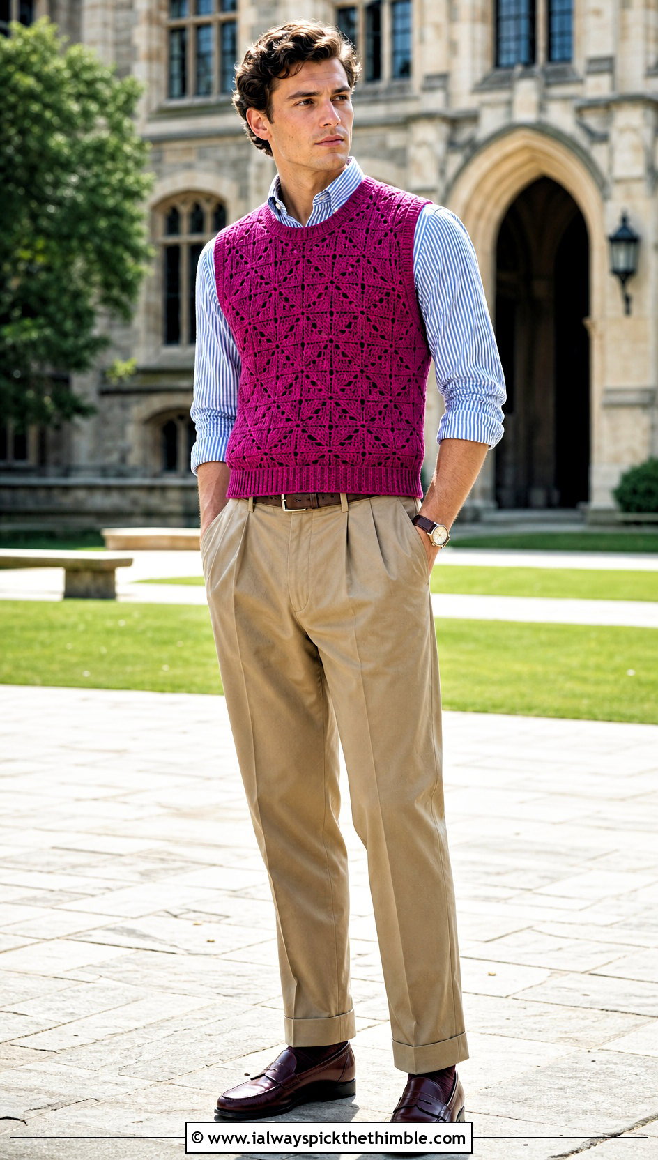 Crochet Sweater Vest With Oxford Shirt And Loafers - 15 Crochet Mens Sweaters outfit ideas