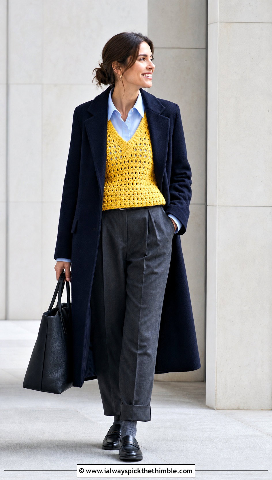 Crochet Sweater Vest With Oxford Shirt And Trousers - 20 winter crochet outfit ideas