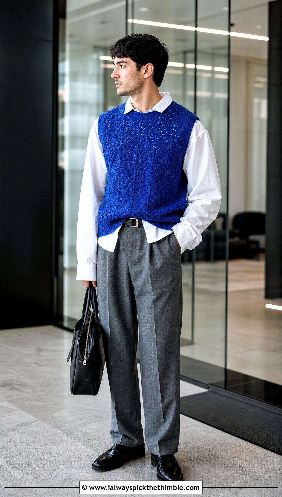 Crochet Sweater Vest With Oxford Shirt And Trousers - 25 crochet man sweaters outfit ideas