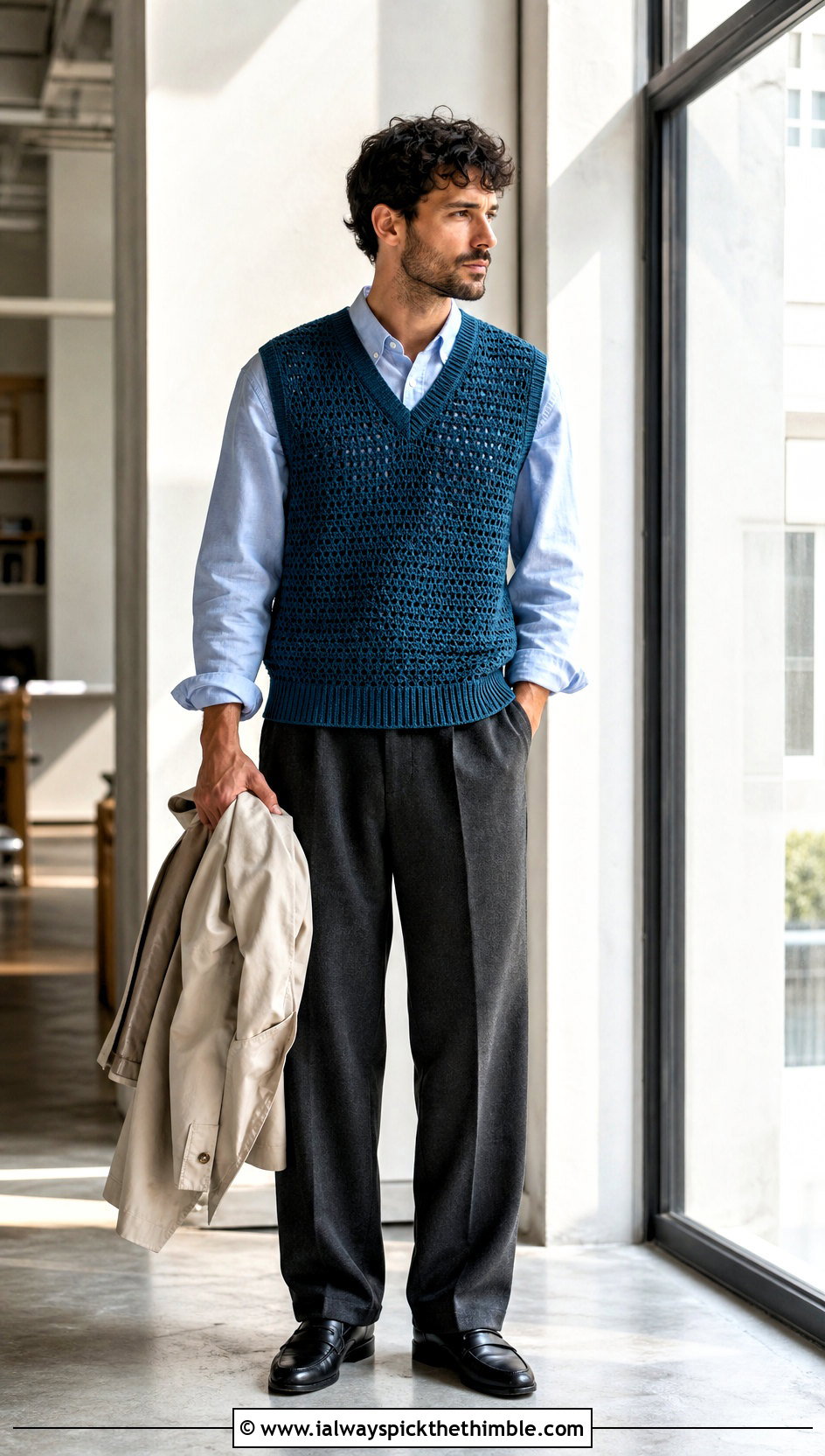 Crochet Sweater Vest With Oxford Shirt And Trousers - 25 crochet outfits for men outfit ideas