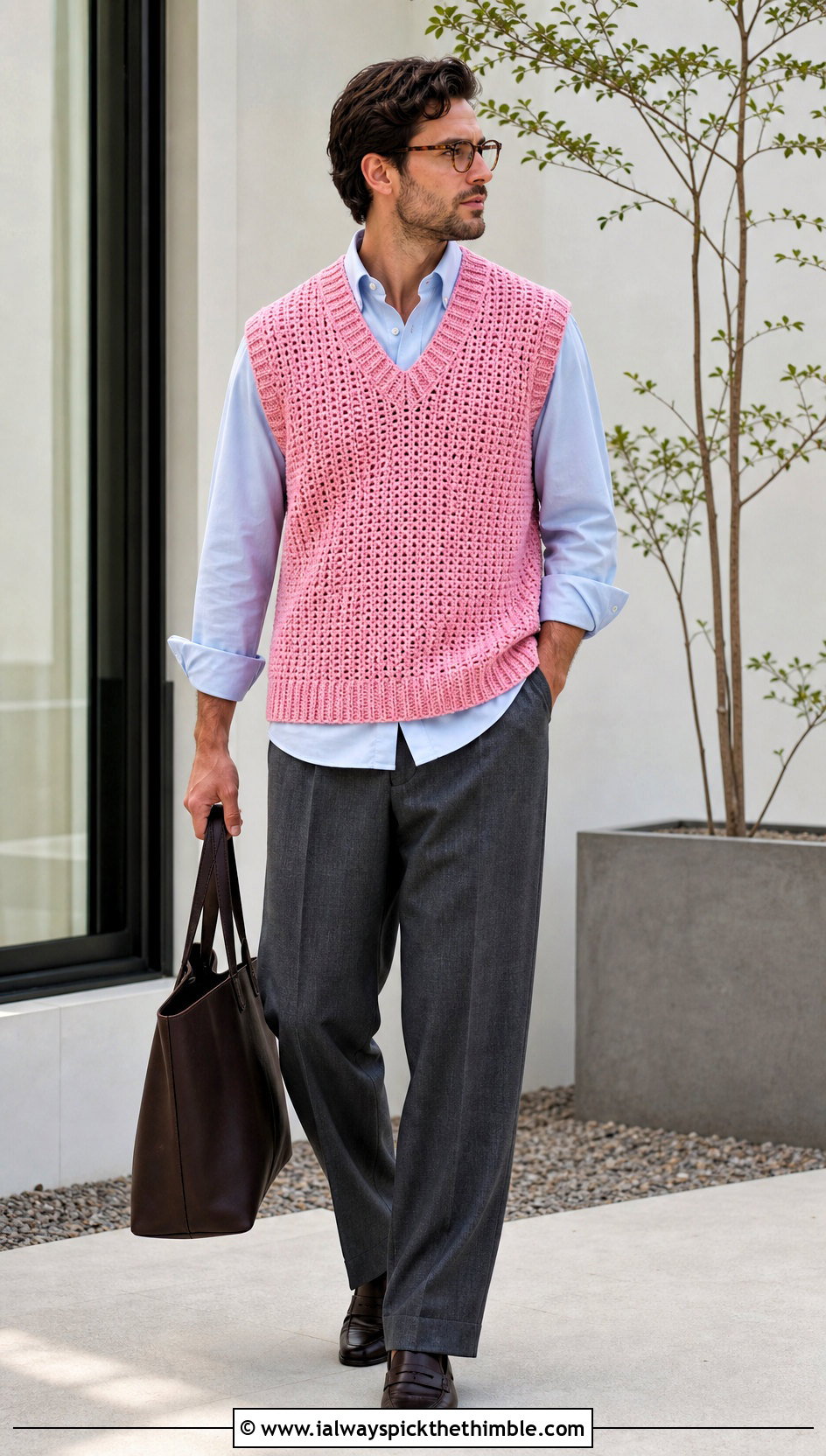 Crochet Sweater Vest With Oxford Shirt And Trousers - 25 crochet top for men outfit ideas