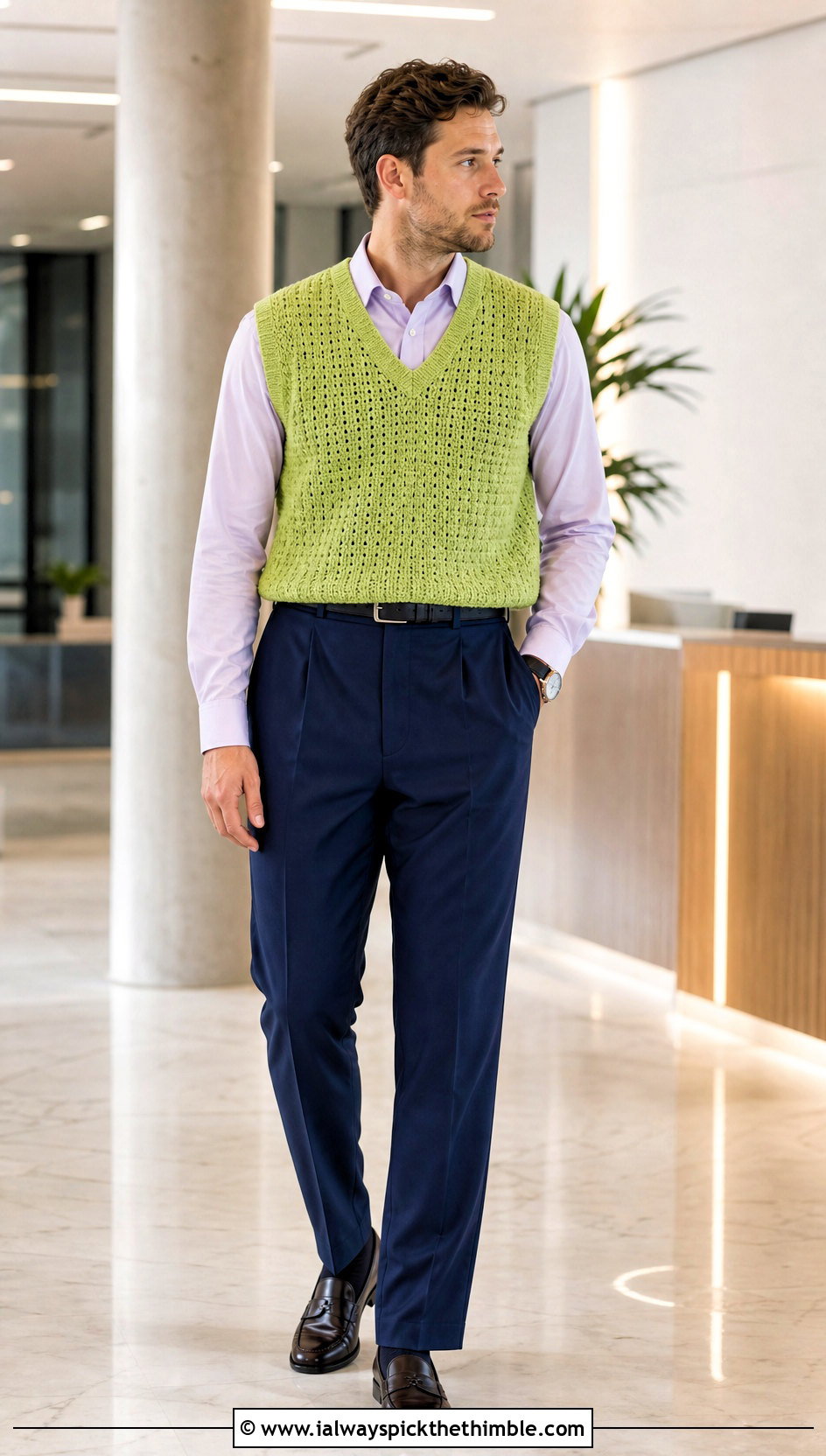 Crochet Sweater Vest With Oxford Shirt And Trousers - 20 Easy Crochet Mens Sweater outfit ideas