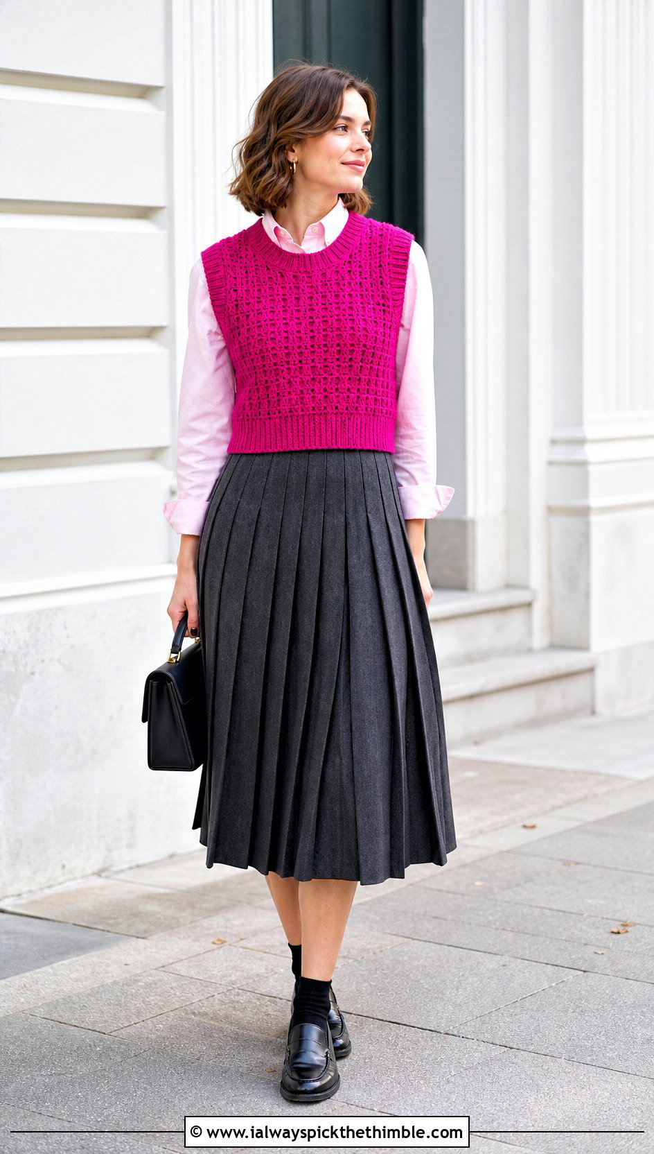 Crochet Sweater Vest With Pleated Midi Skirt - 20 easy clothes to crochet outfit ideas