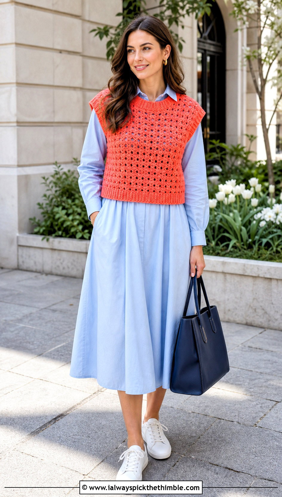 Crochet Sweater Vest With Poplin Dress - 20 spring crochet sweater outfit ideas
