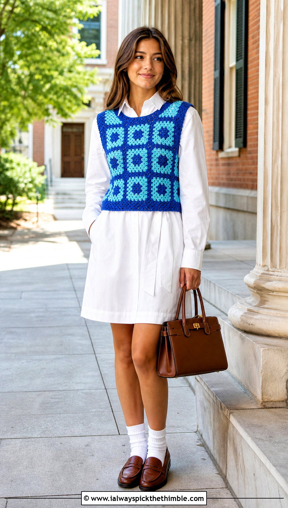 Crochet Sweater Vest With Poplin Dress - 25 crochet sweater design for women outfit ideas