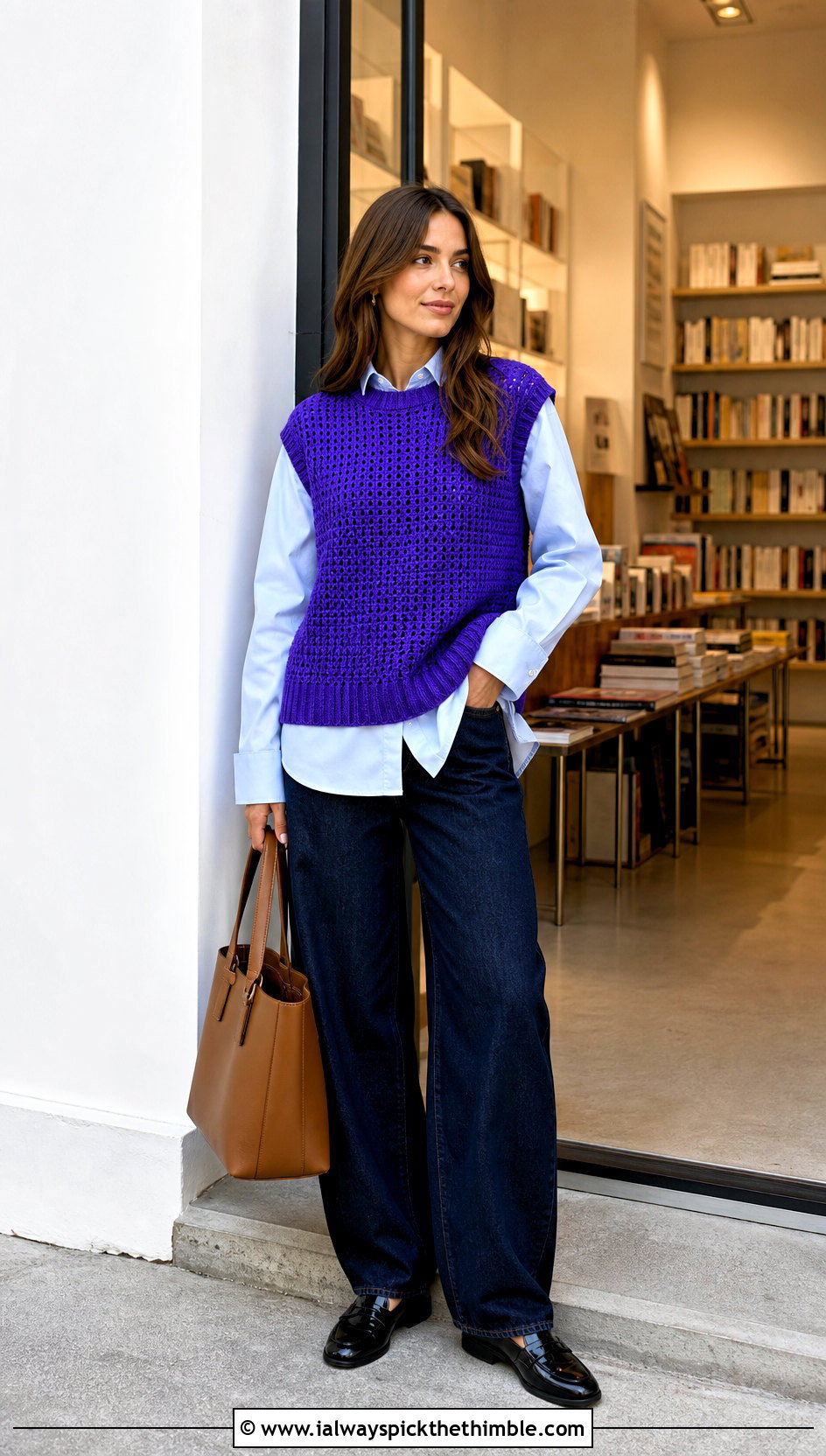 Crochet Sweater Vest With Poplin Shirt And Barrel Jeans - 25 cute crochet clothes ideas