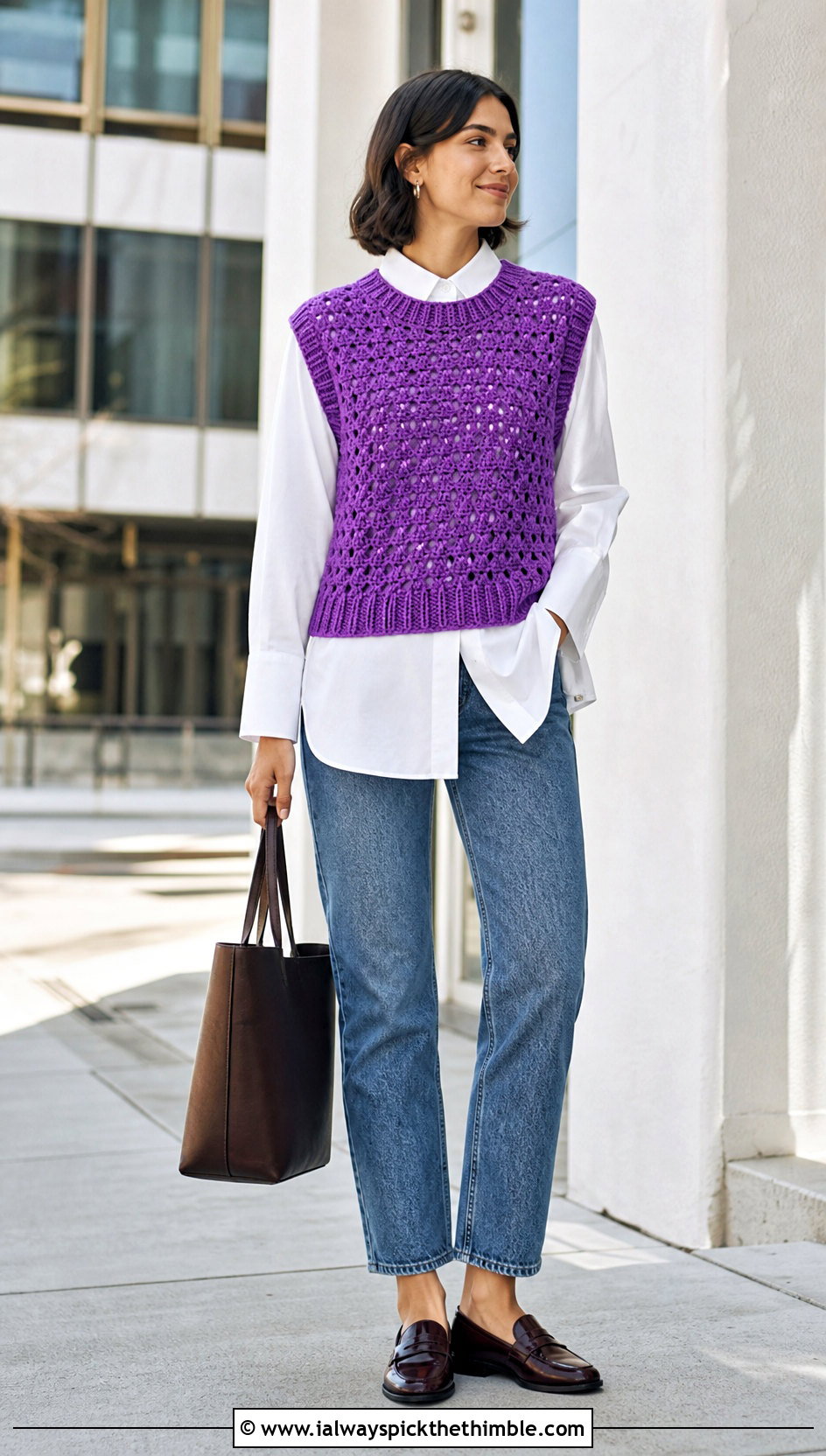 Crochet Sweater Vest With Poplin Shirt And Jeans - 25 crochet garments outfit ideas
