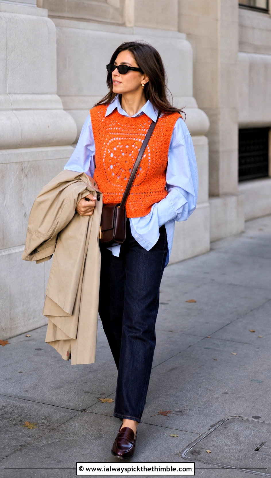 Crochet Sweater Vest With Poplin Shirt And Jeans - 20 different types of crochet tops outfit ideas
