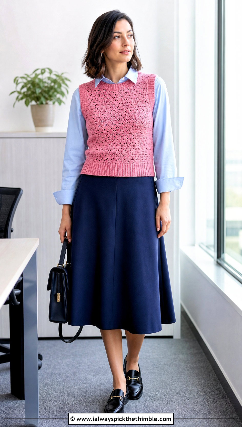 Crochet Sweater Vest With Poplin Shirt And Midi Skirt - 20 Crochet Clothes For Work outfit ideas
