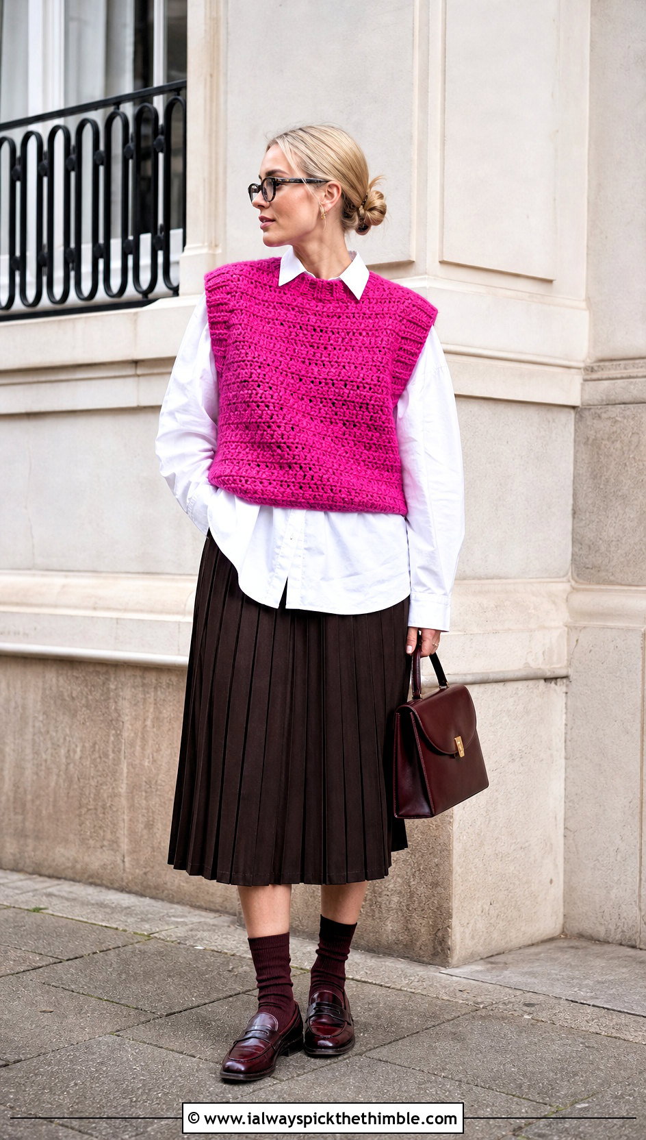 Crochet Sweater Vest With Poplin Shirt And Midi Skirt - 20 full crochet outfit ideas