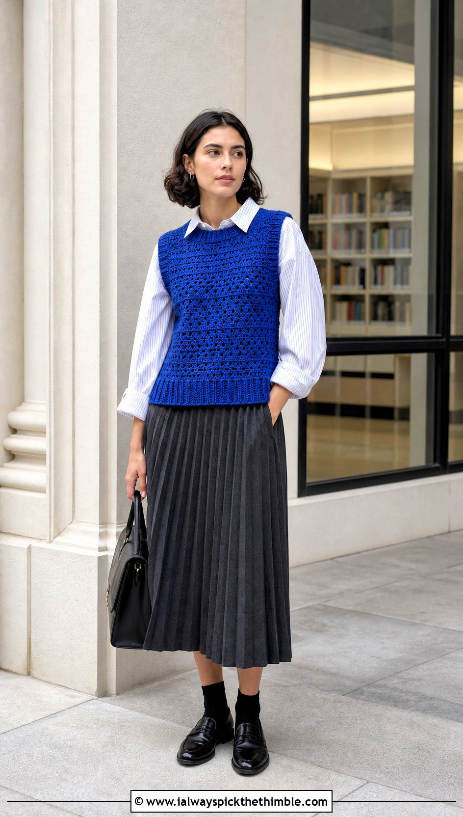 Crochet Sweater Vest With Poplin Shirt And Midi Skirt - 25 aesthetic crochet clothes and outfit ideas