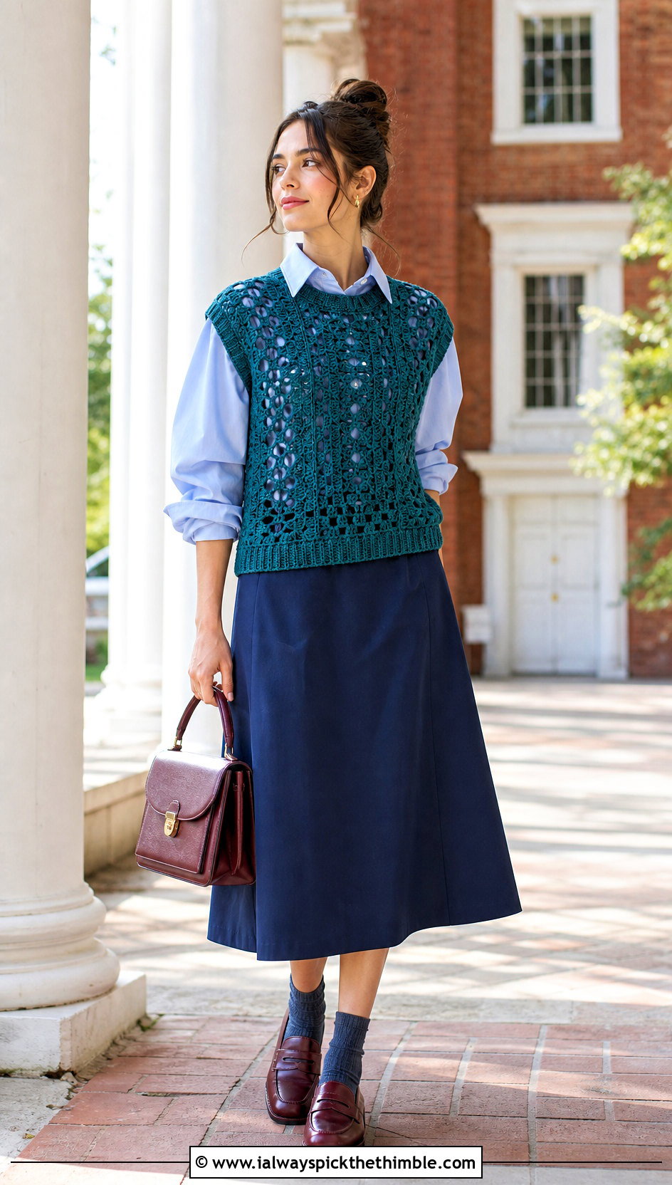 Crochet Sweater Vest With Poplin Shirt And Midi Skirt - 25 crochet clothes for women outfit ideas