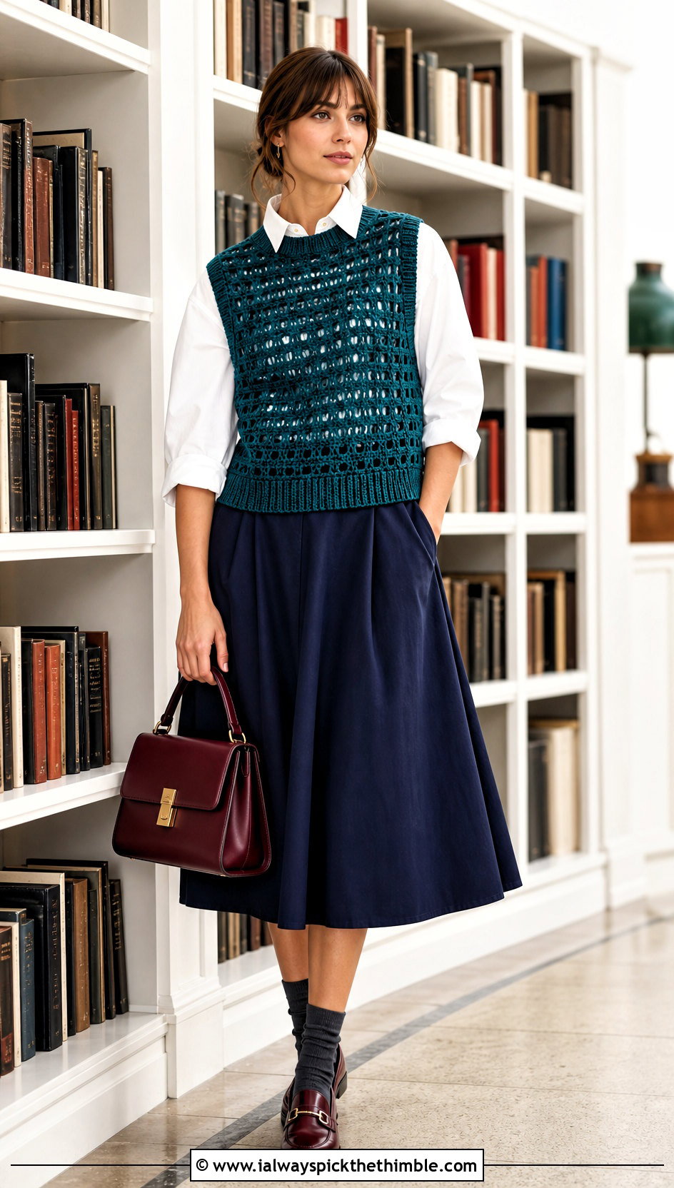 Crochet Sweater Vest With Poplin Shirt And Midi Skirt - 25 crochet clothes ideas