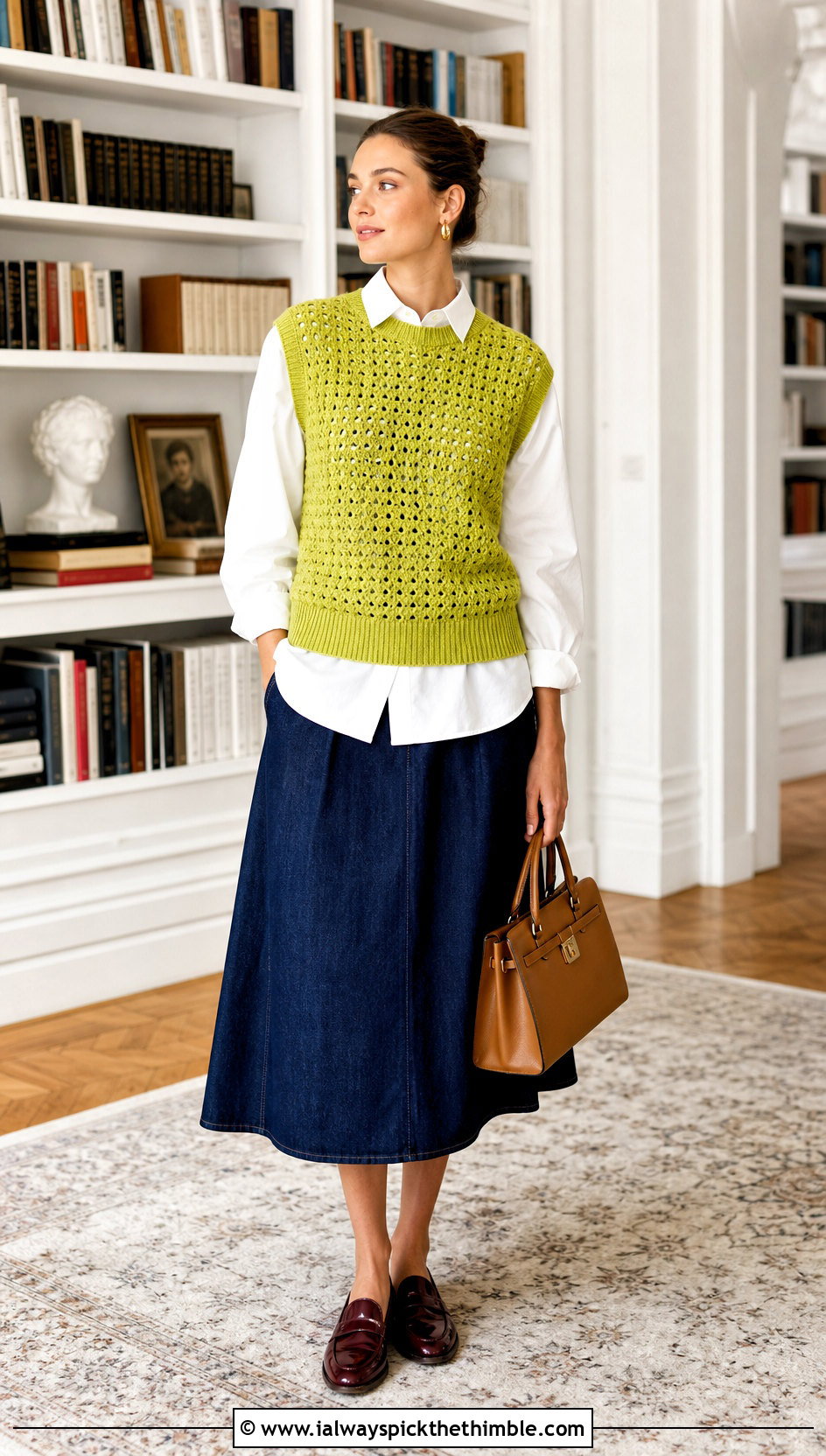 Crochet Sweater Vest With Poplin Shirt And Midi Skirt - 20 crochet apparel and outfit ideas