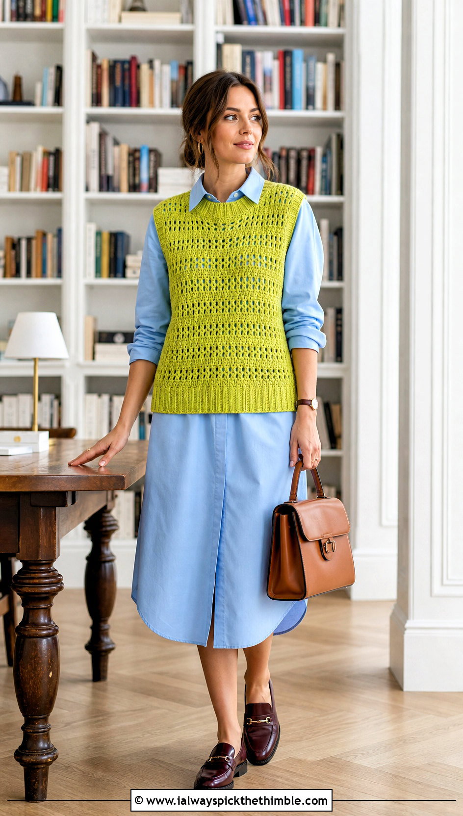 Crochet Sweater Vest With Poplin Shirt Dress - 20 cool crochet sweater outfit ideas