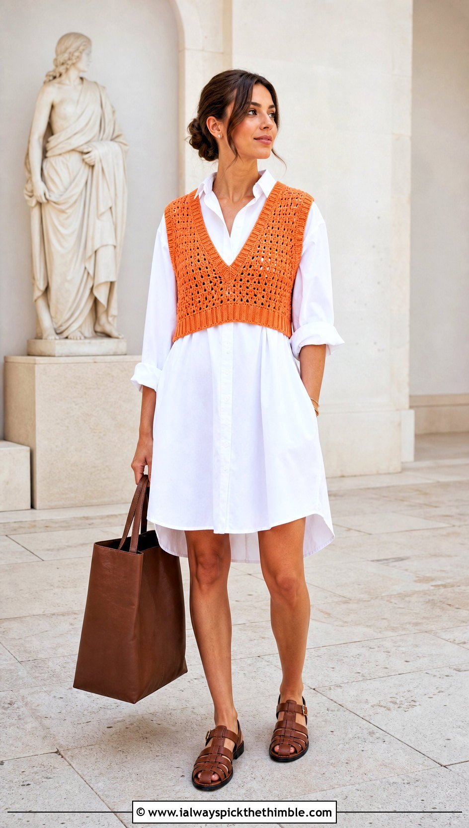 Crochet Sweater Vest With Poplin Shirt Dress - 25 Crochet Summer Vest outfit ideas