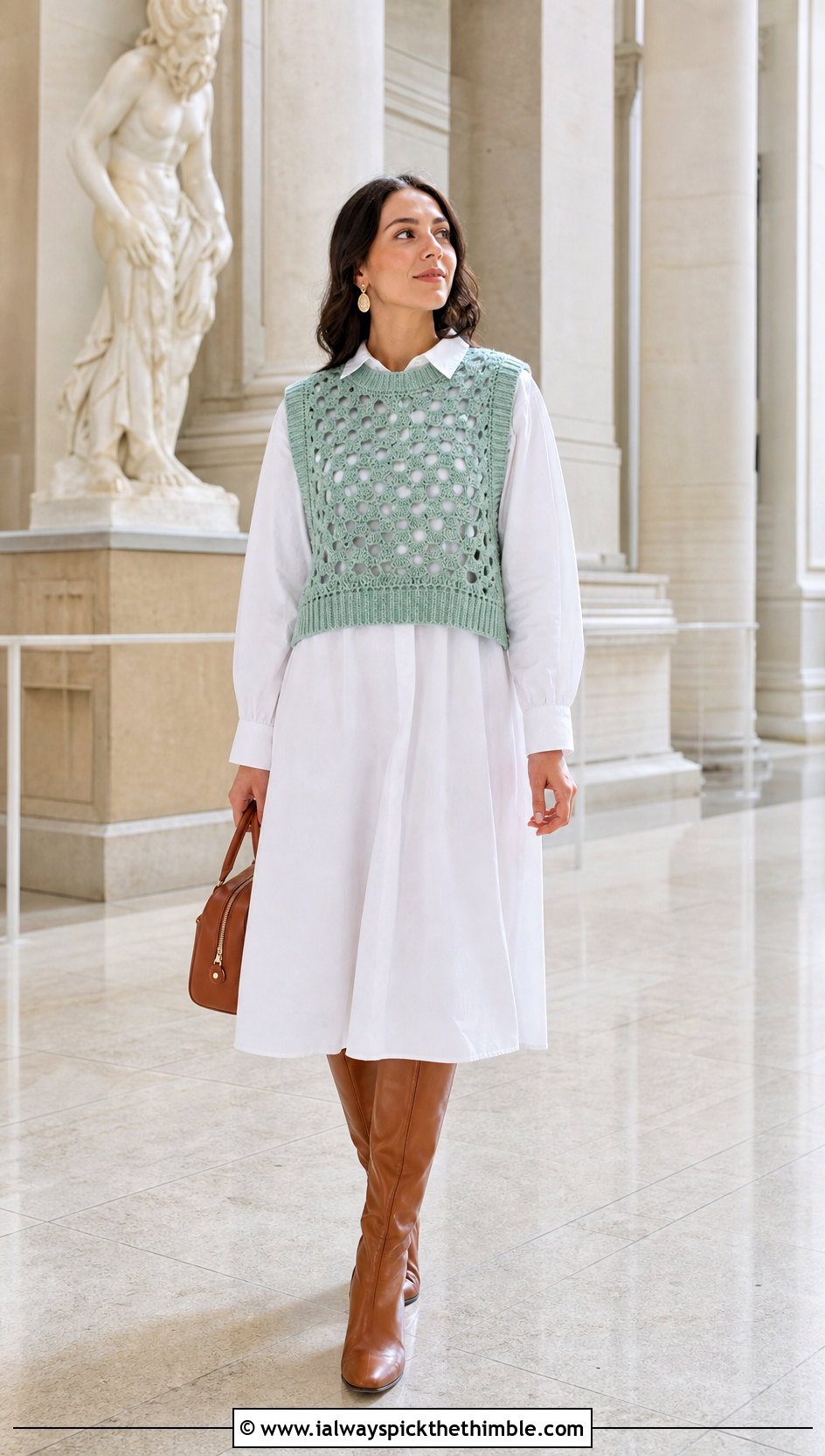 Crochet Sweater Vest With Poplin Shirt Dress - 25 cute crochet sweater outfit ideas