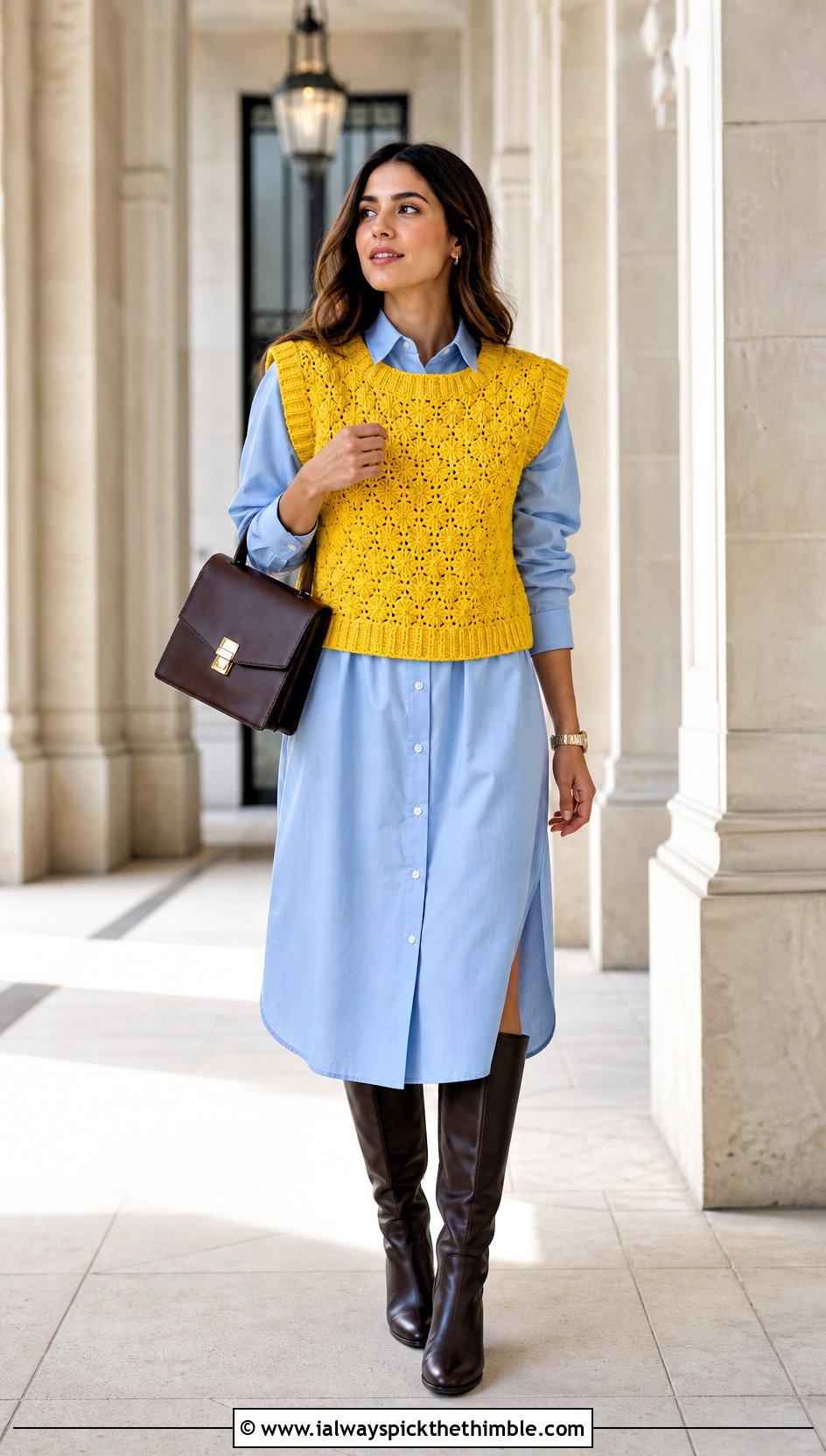 Crochet Sweater Vest With Poplin Shirt Dress - 25 cute crochet sweaters outfit ideas