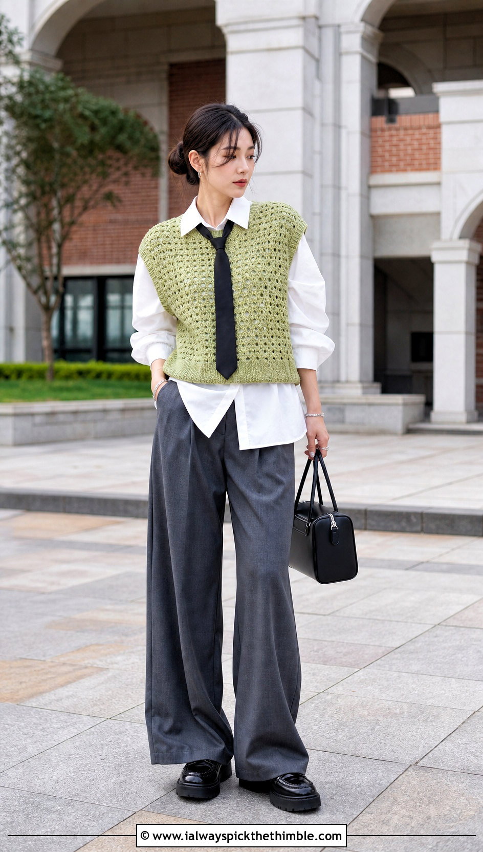 Crochet Sweater Vest With Shirt And Wide Leg Trousers - 20 K Pop Crochet Clothes and outfit ideas