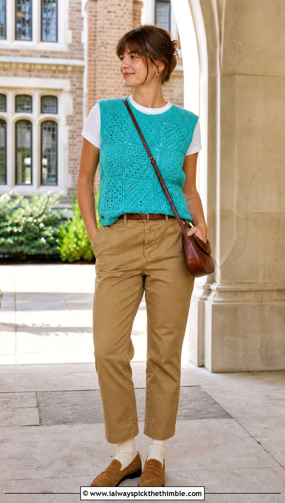 Crochet Sweater Vest With T Shirt And Chinos - 25 aesthetic crochet top outfit ideas