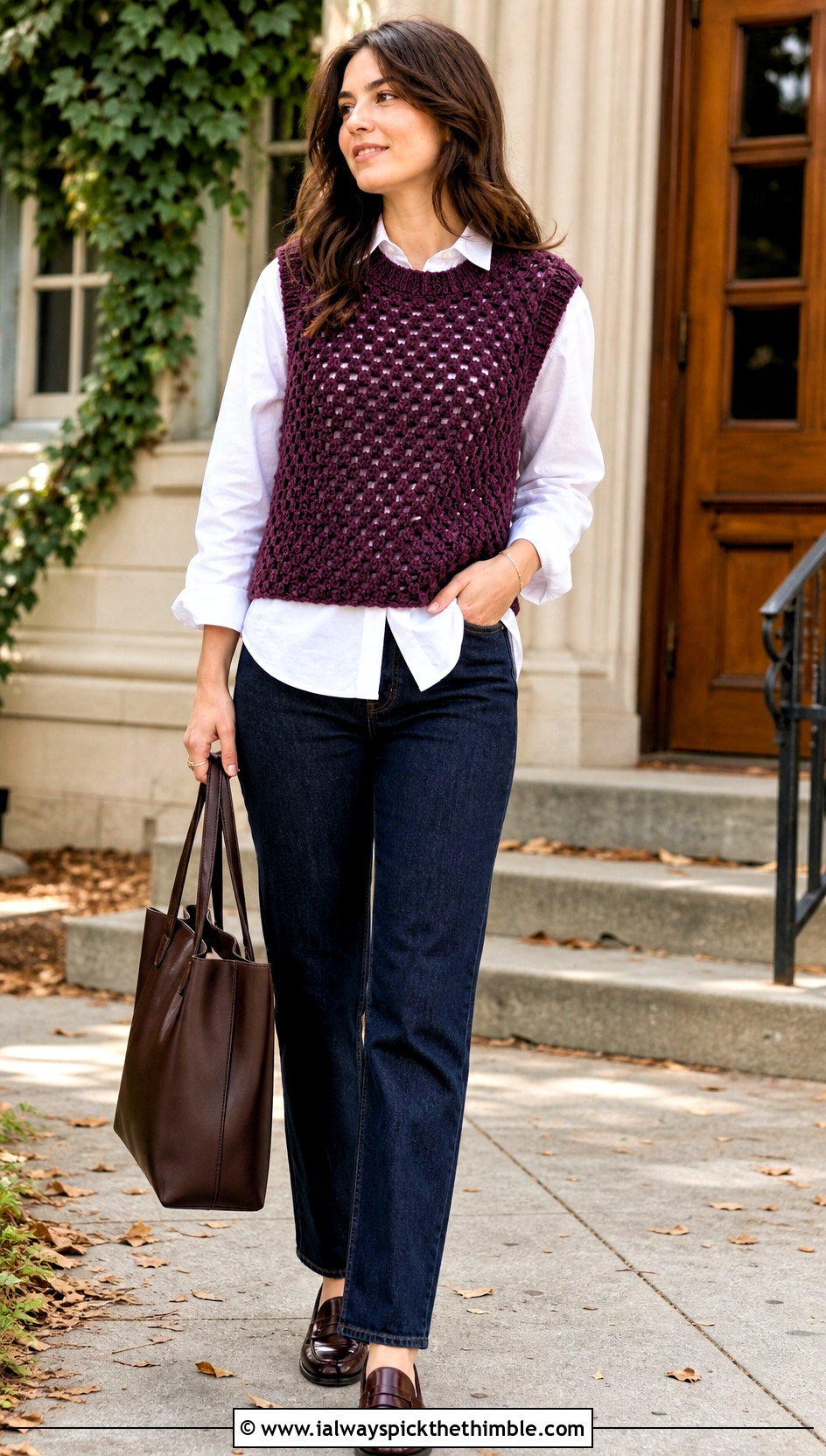 Crochet Sweater Vest With White Shirt And Jeans - 25 cute crochet tops outfit ideas