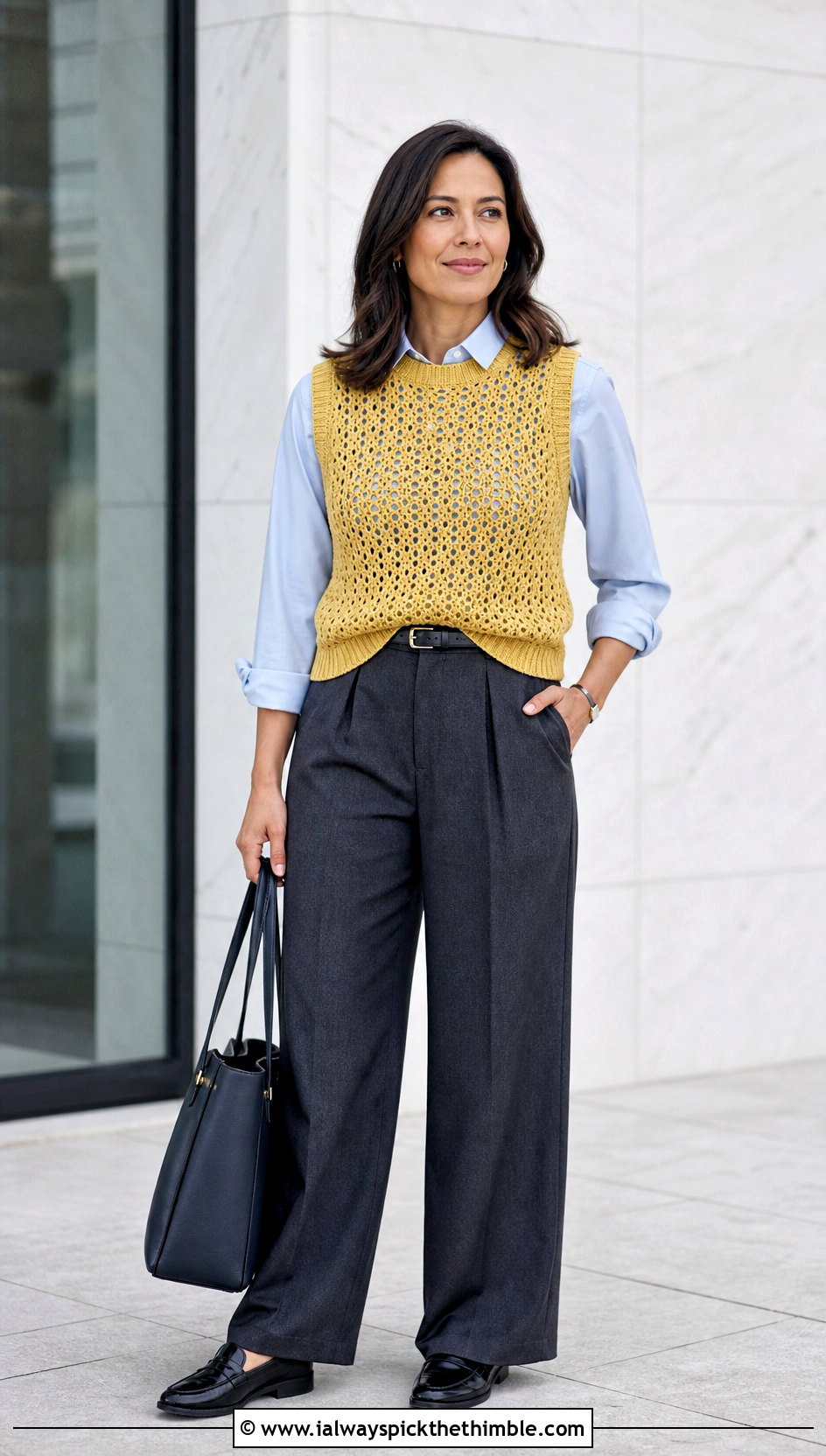 Crochet Sweater Vest With Wide Leg Trousers - 20 crochet fall outfits ideas