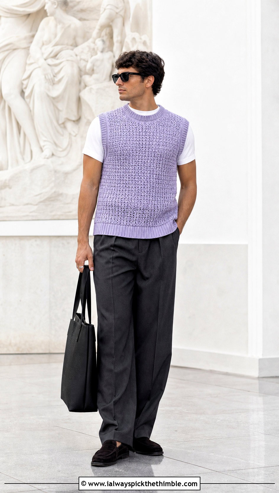 Crochet Sweater Vest With Wide Leg Trousers - 15 crochet tops for men outfit ideas