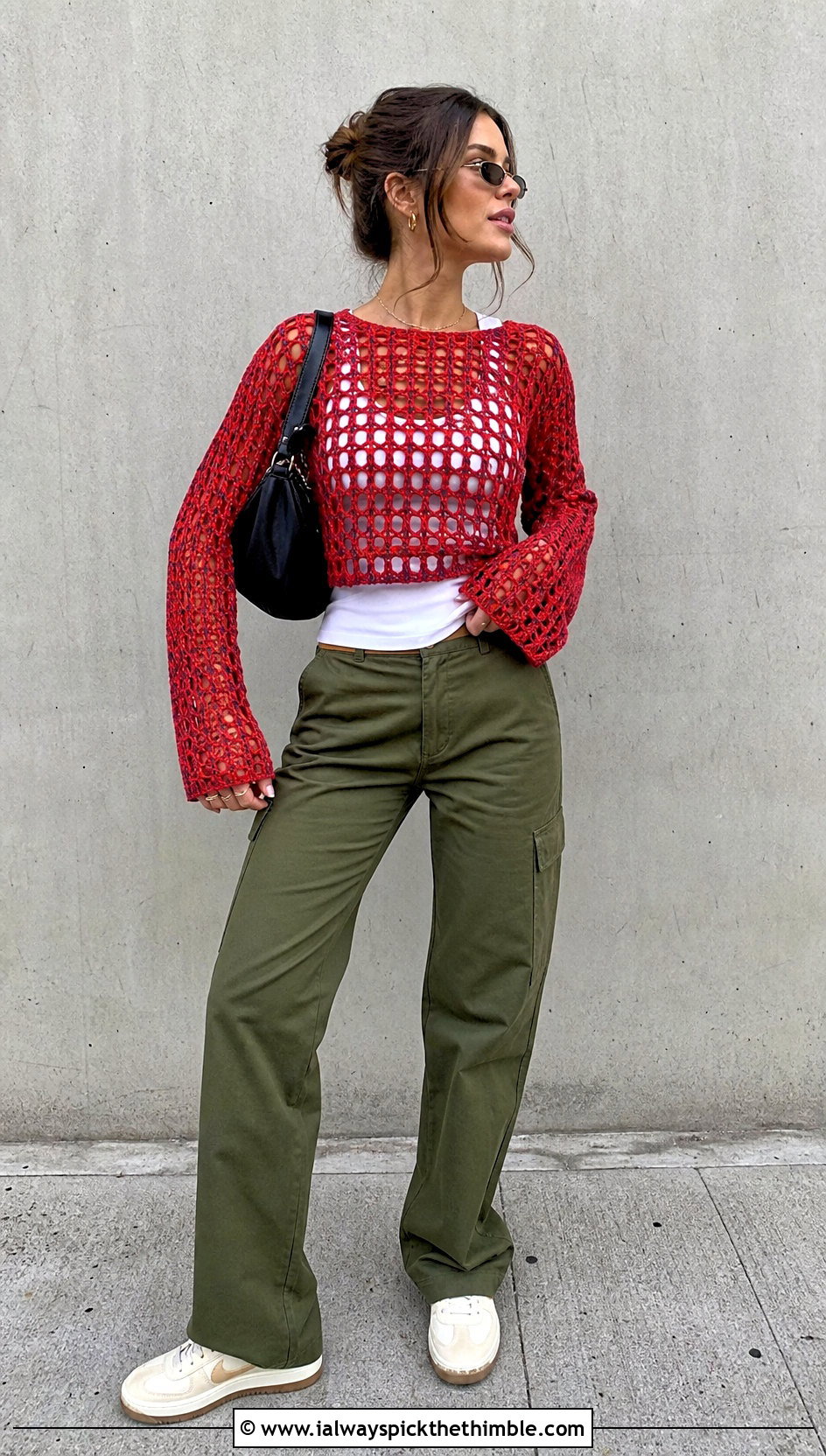 Crochet Sweater With Cargo Pants And Retro Sneakers - 15 cute trendy crochet clothes and outfit ideas