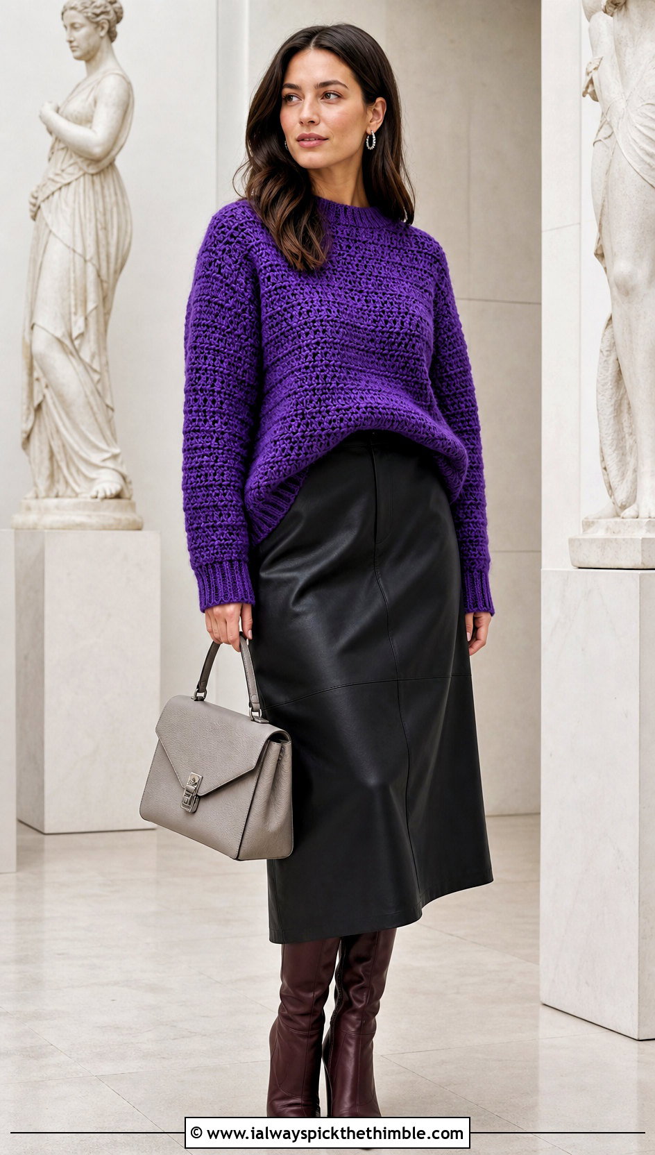 Crochet Sweater With Faux Leather Midi Skirt - 25 cute crochet clothes ideas